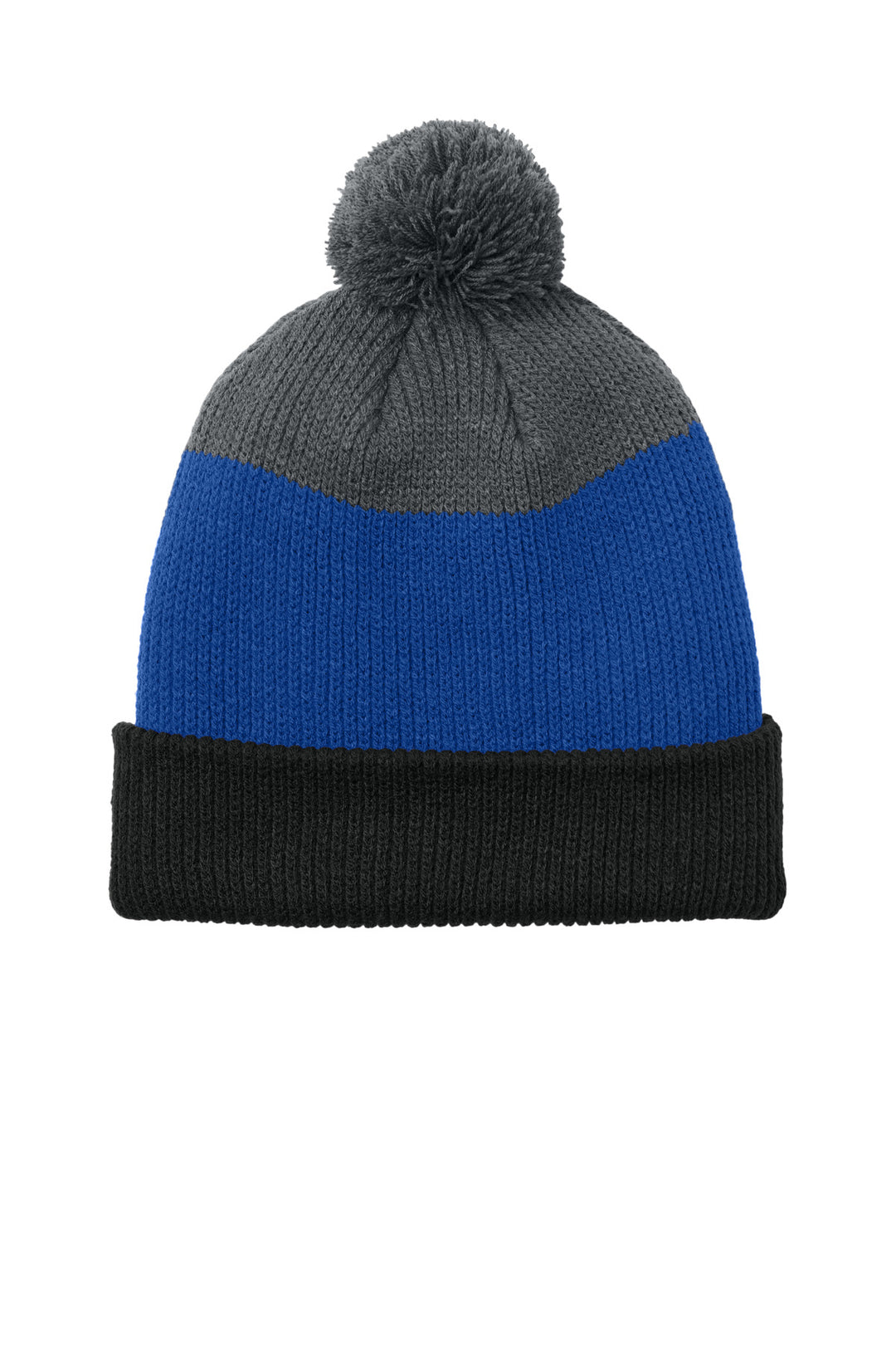 Port Authority Cozy Striped Pom Beanie C979 — Deep Black/ True Royal/ Storm Grey — front
