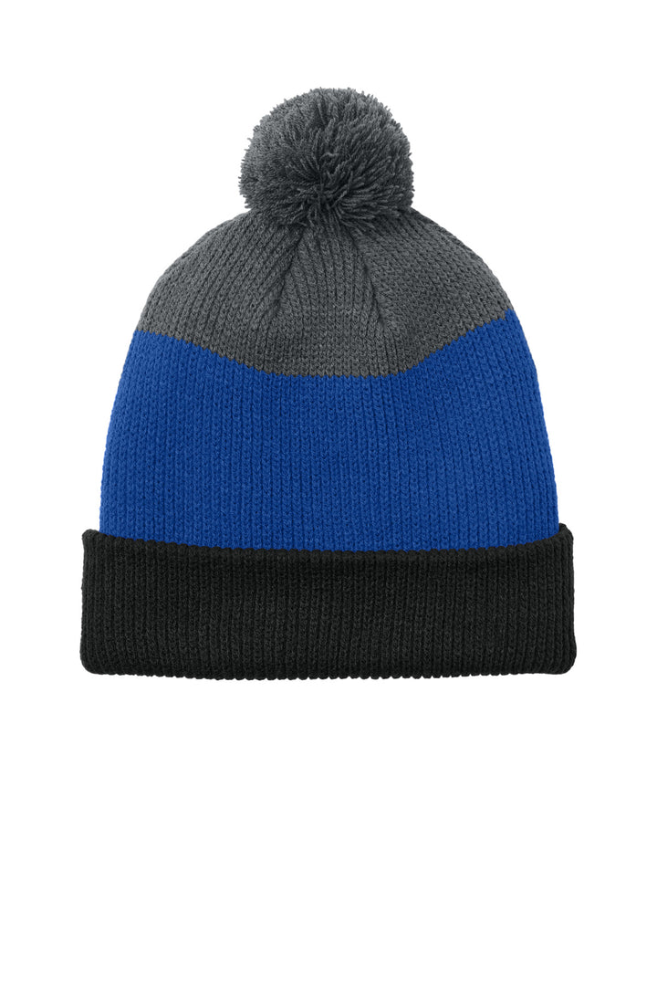 Port Authority Cozy Striped Pom Beanie C979 — Deep Black/ True Royal/ Storm Grey — front