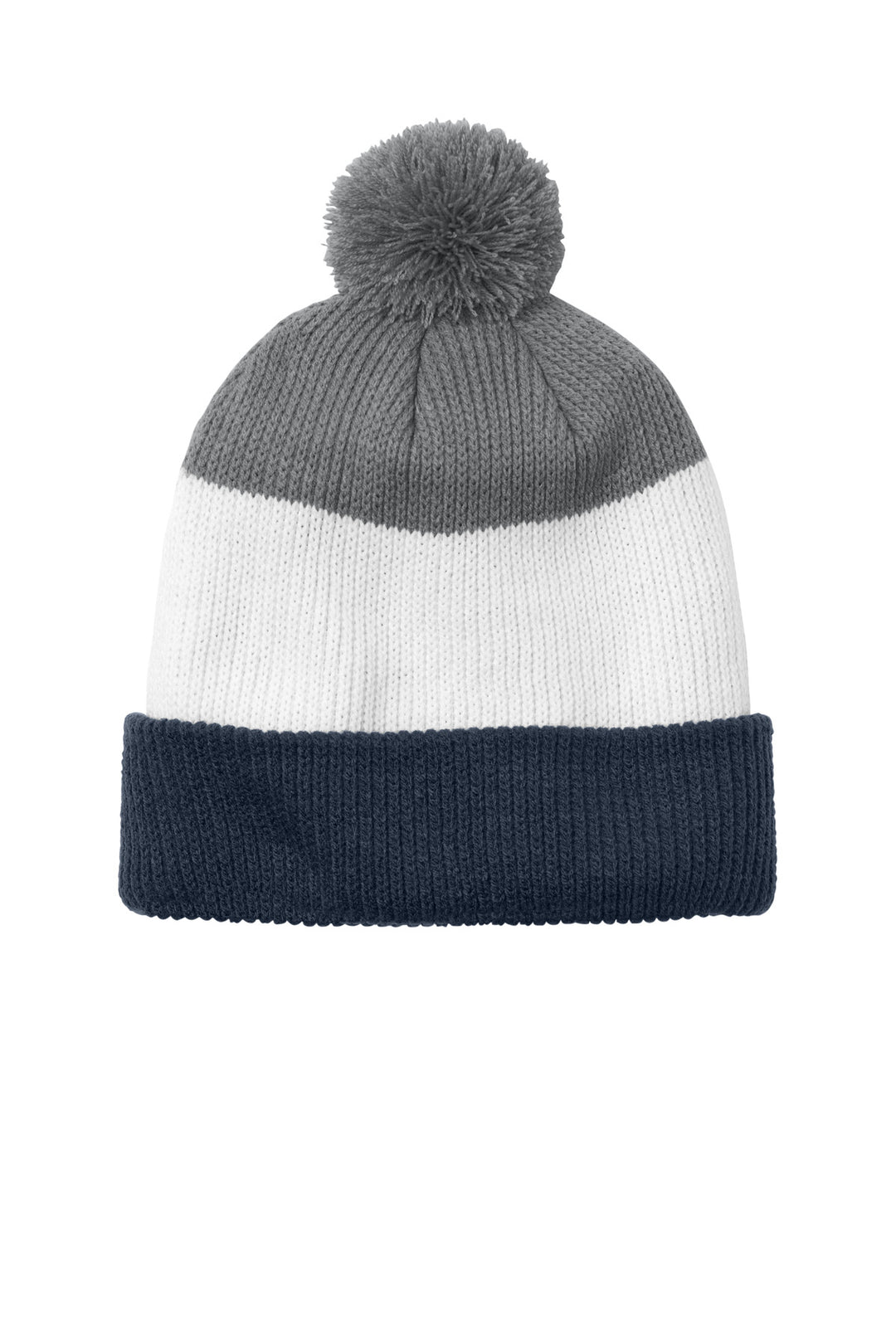 Port Authority Cozy Striped Pom Beanie C979 — River Blue Navy/ Marshmallow/ Gusty Grey — front