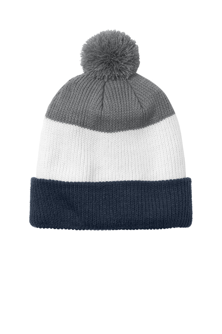 Port Authority Cozy Striped Pom Beanie C979 — River Blue Navy/ Marshmallow/ Gusty Grey — front