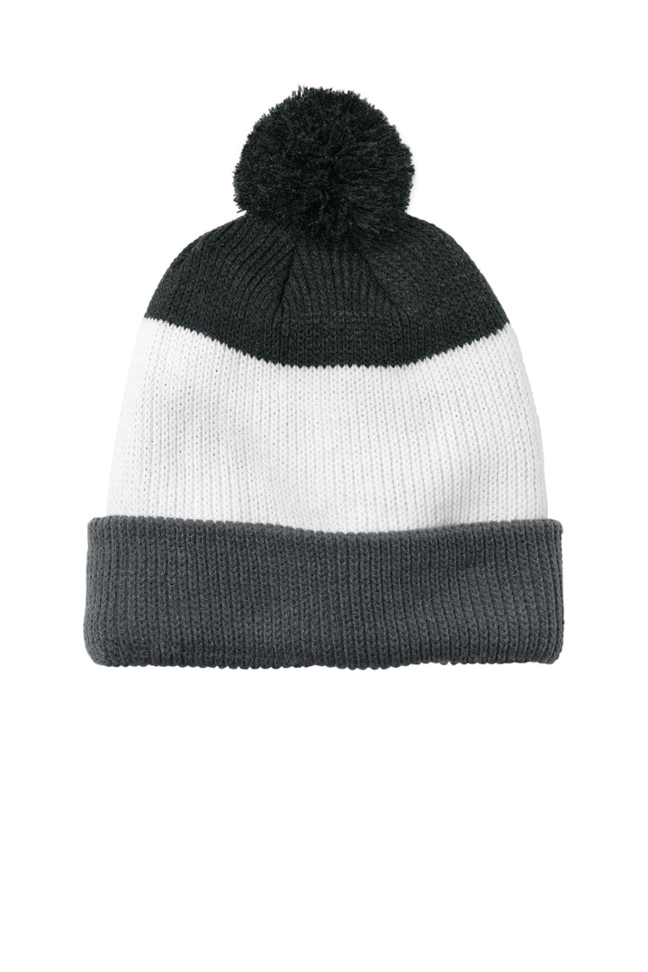 Port Authority Cozy Striped Pom Beanie C979 — Storm Grey/ Marshmallow/ Charcoal Heather — front