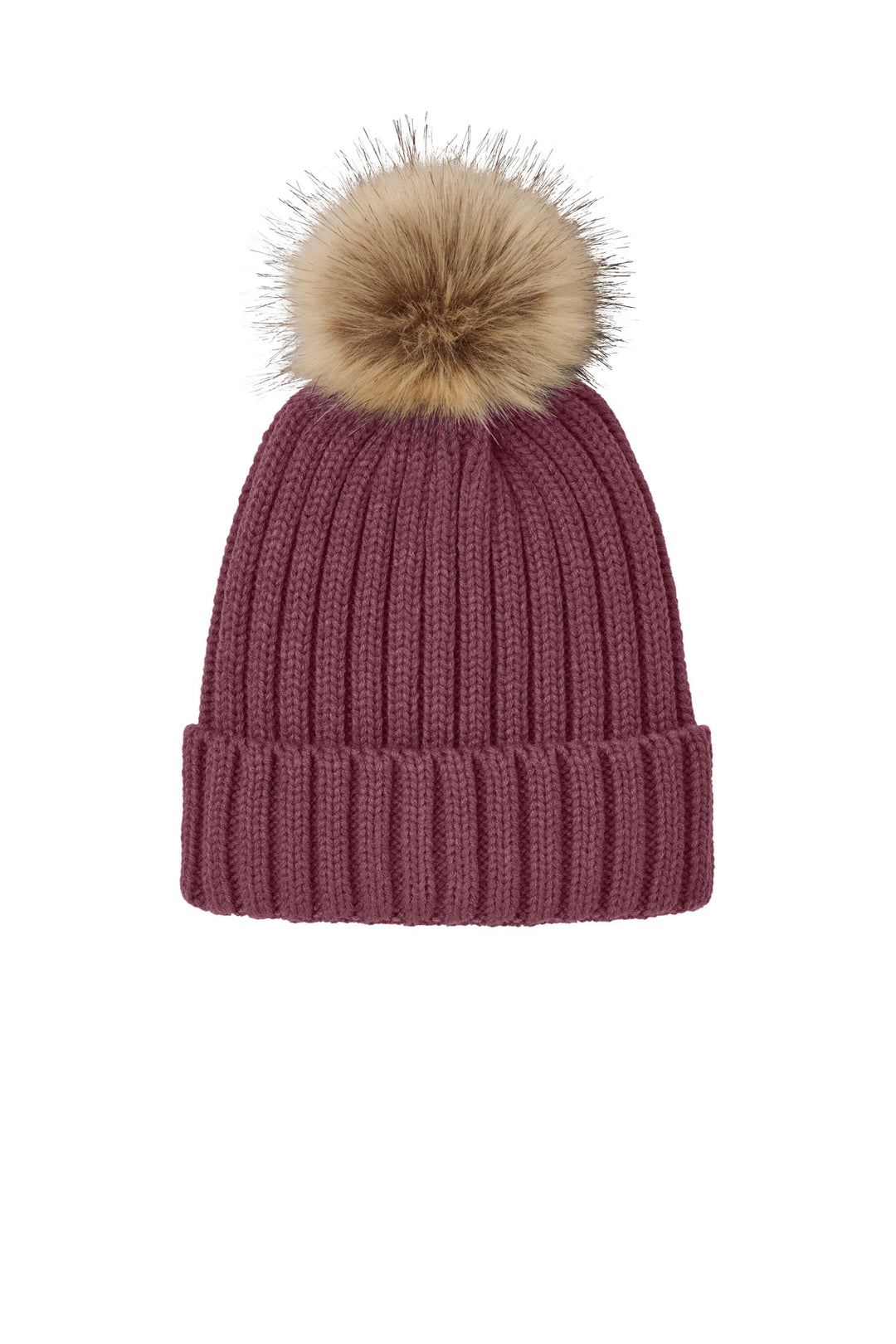 Port Authority Faux Fur Pom Beanie C990 — Rosewood — front