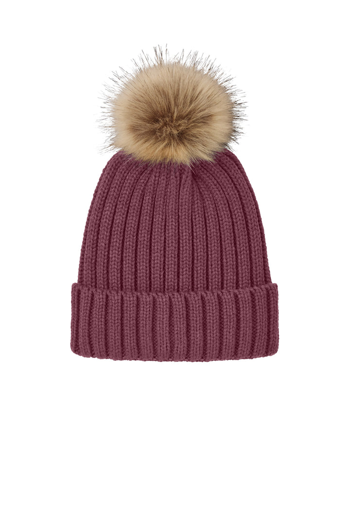 Port Authority Faux Fur Pom Beanie C990 — Rosewood — front