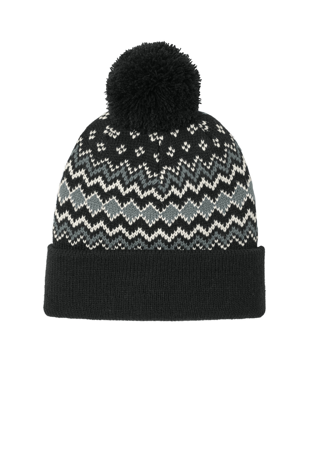 Port Authority Alpine Pom Beanie C991 — Deep Black/ Gusty Grey/ Marshmallow — front