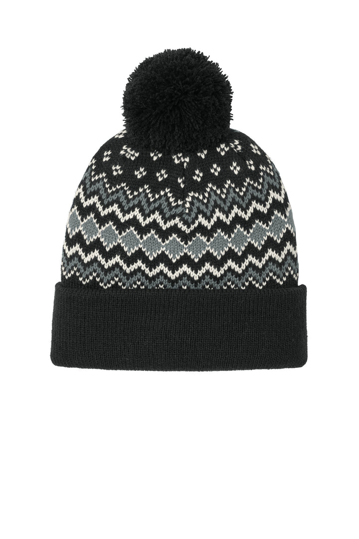 Port Authority Alpine Pom Beanie C991 — Deep Black/ Gusty Grey/ Marshmallow — front
