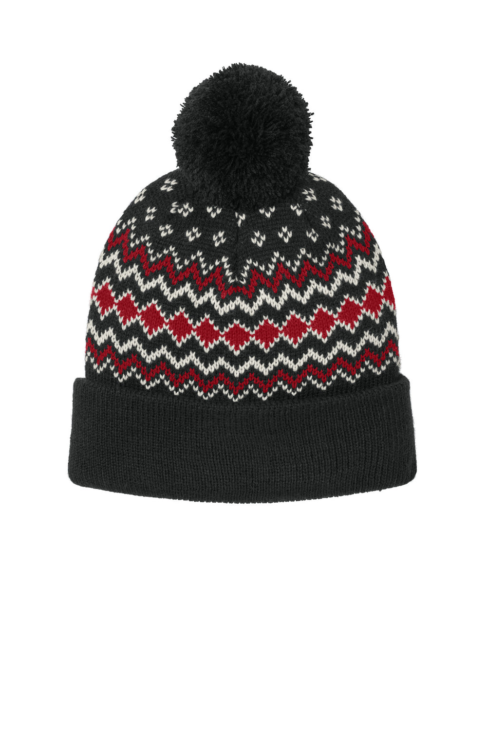 Port Authority Alpine Pom Beanie C991 — Deep Black/ Rich Red/ Marshmallow — front