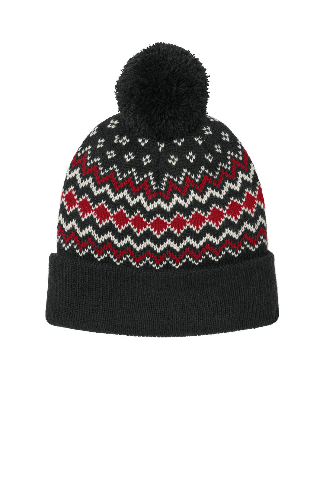 Port Authority Alpine Pom Beanie C991 — Deep Black/ Rich Red/ Marshmallow — front