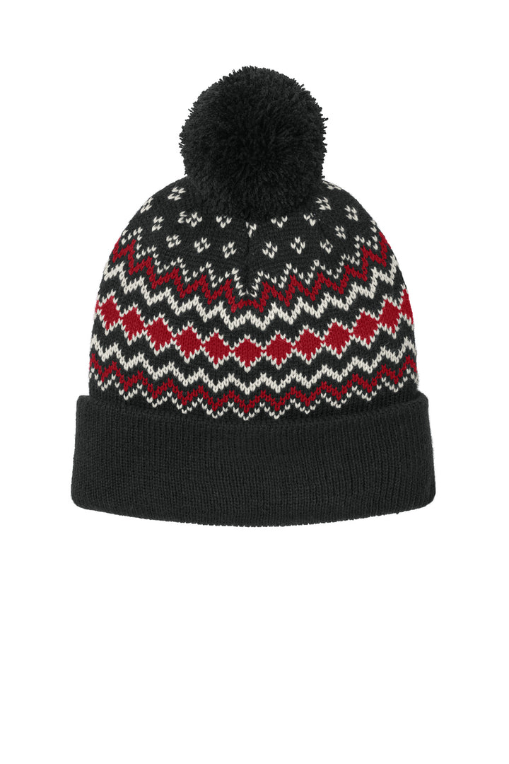 Port Authority Alpine Pom Beanie C991 — Deep Black/ Rich Red/ Marshmallow — front
