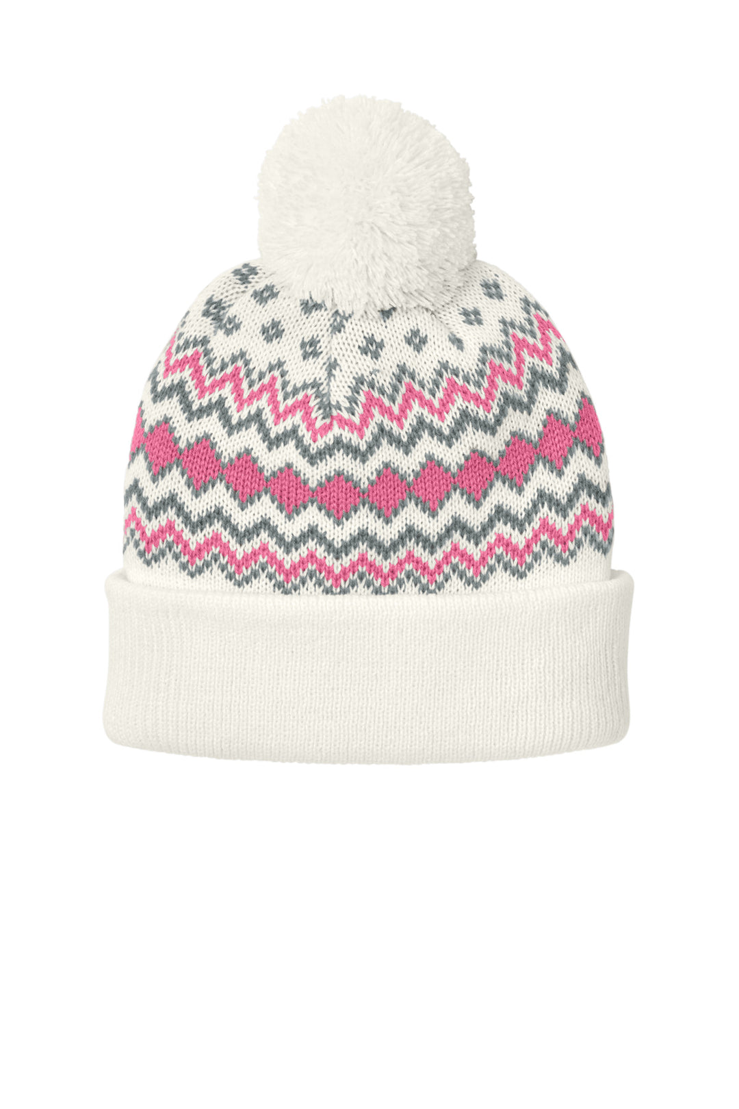 Port Authority Alpine Pom Beanie C991 — Marshmallow/ Awareness Pink/ Gusty Grey — front