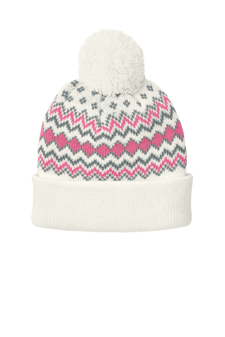 Port Authority Alpine Pom Beanie C991 — Marshmallow/ Awareness Pink/ Gusty Grey — front