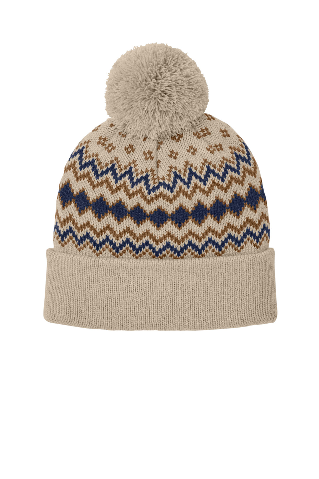 Port Authority Alpine Pom Beanie C991 — Sahara/ True Navy/ Duck Brown — front