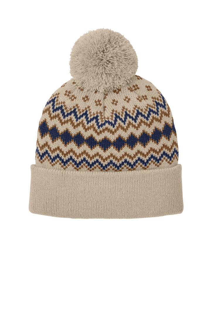 Port Authority Alpine Pom Beanie C991 — Sahara/ True Navy/ Duck Brown — front
