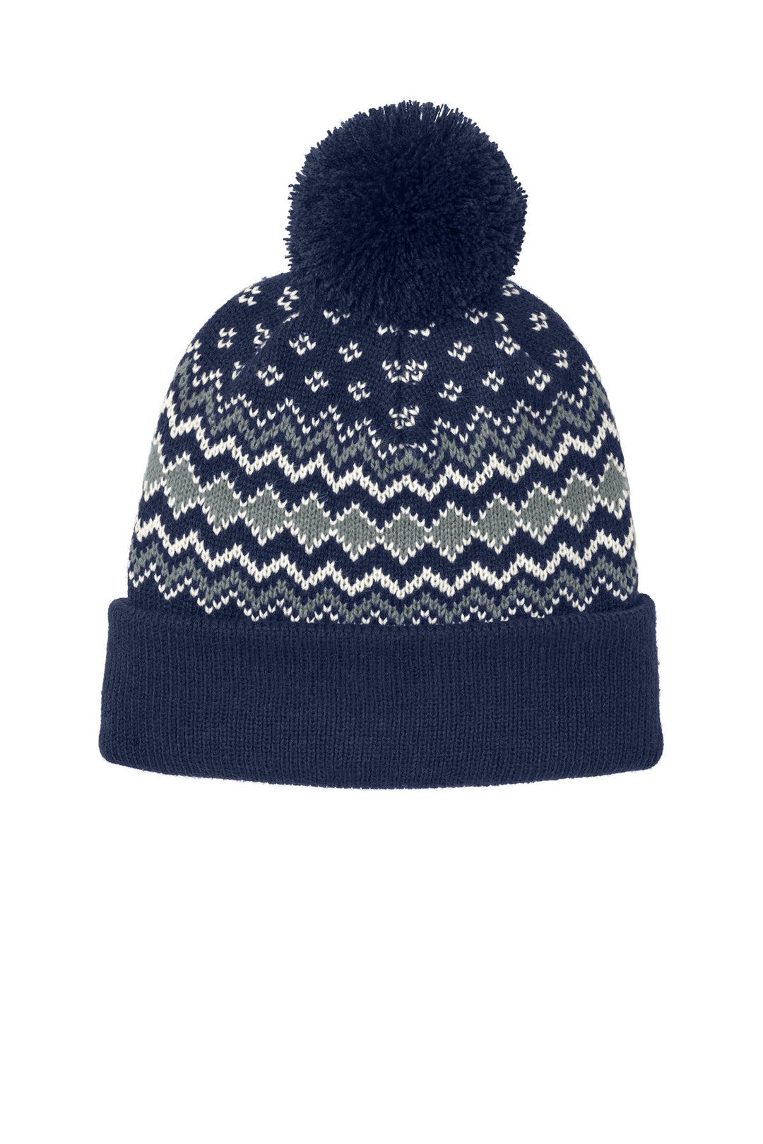Port Authority Alpine Pom Beanie C991 — True Navy/ Gusty Grey/ Marshmallow — front