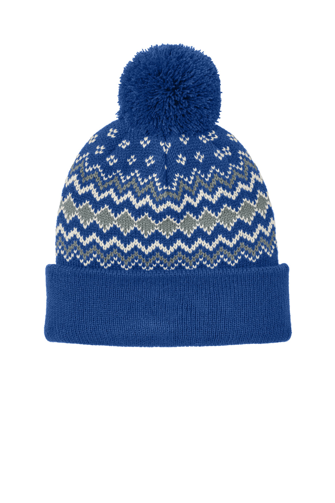 Port Authority Alpine Pom Beanie C991 — True Royal/ Gusty Grey/ Marshmallow — front