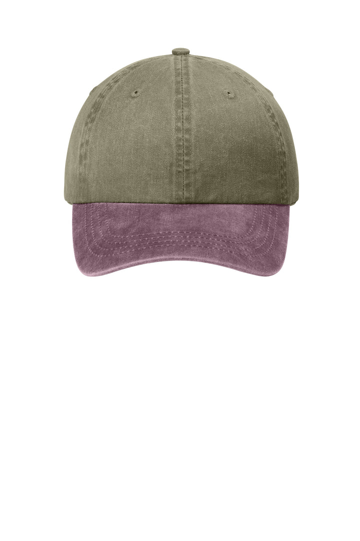 Port Authority Two-Tone Pigment-Dyed Cap.  CP83 — Khaki/ Maroon — front