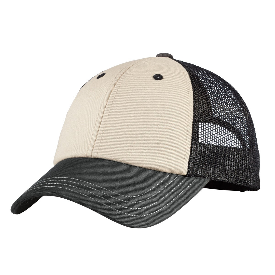 District Tri-Tone Mesh Back Cap DT616 — Sandstone/ Charcoal/ Black — front