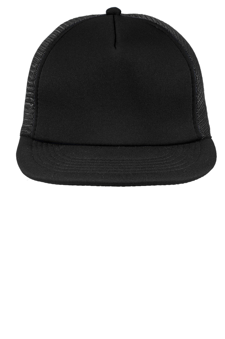 District Flat Bill Snapback Trucker Cap. DT624 — Black — front