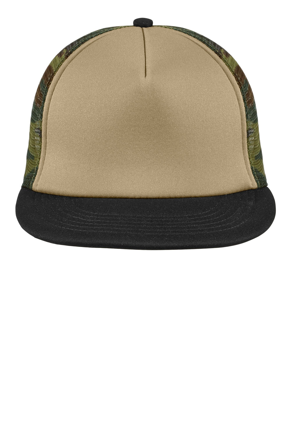 District Flat Bill Snapback Trucker Cap. DT624 — Military Camo — front