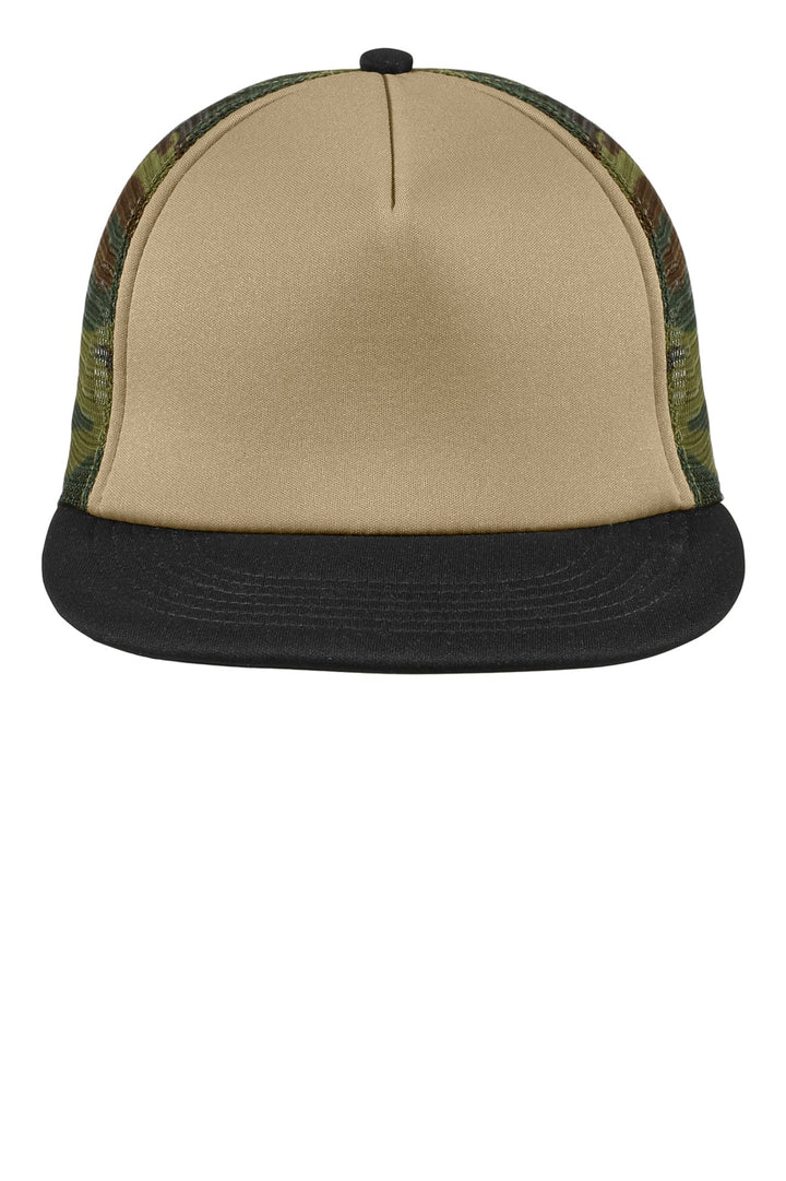 District Flat Bill Snapback Trucker Cap. DT624 — Military Camo — front