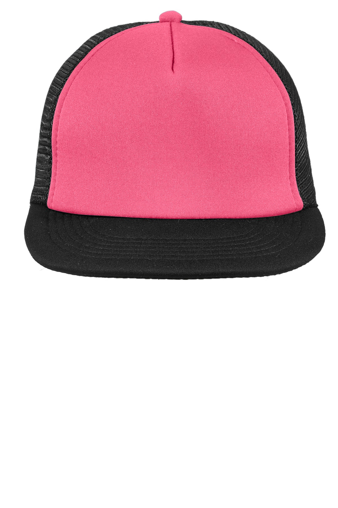 District Flat Bill Snapback Trucker Cap. DT624 — Neon Pink — front