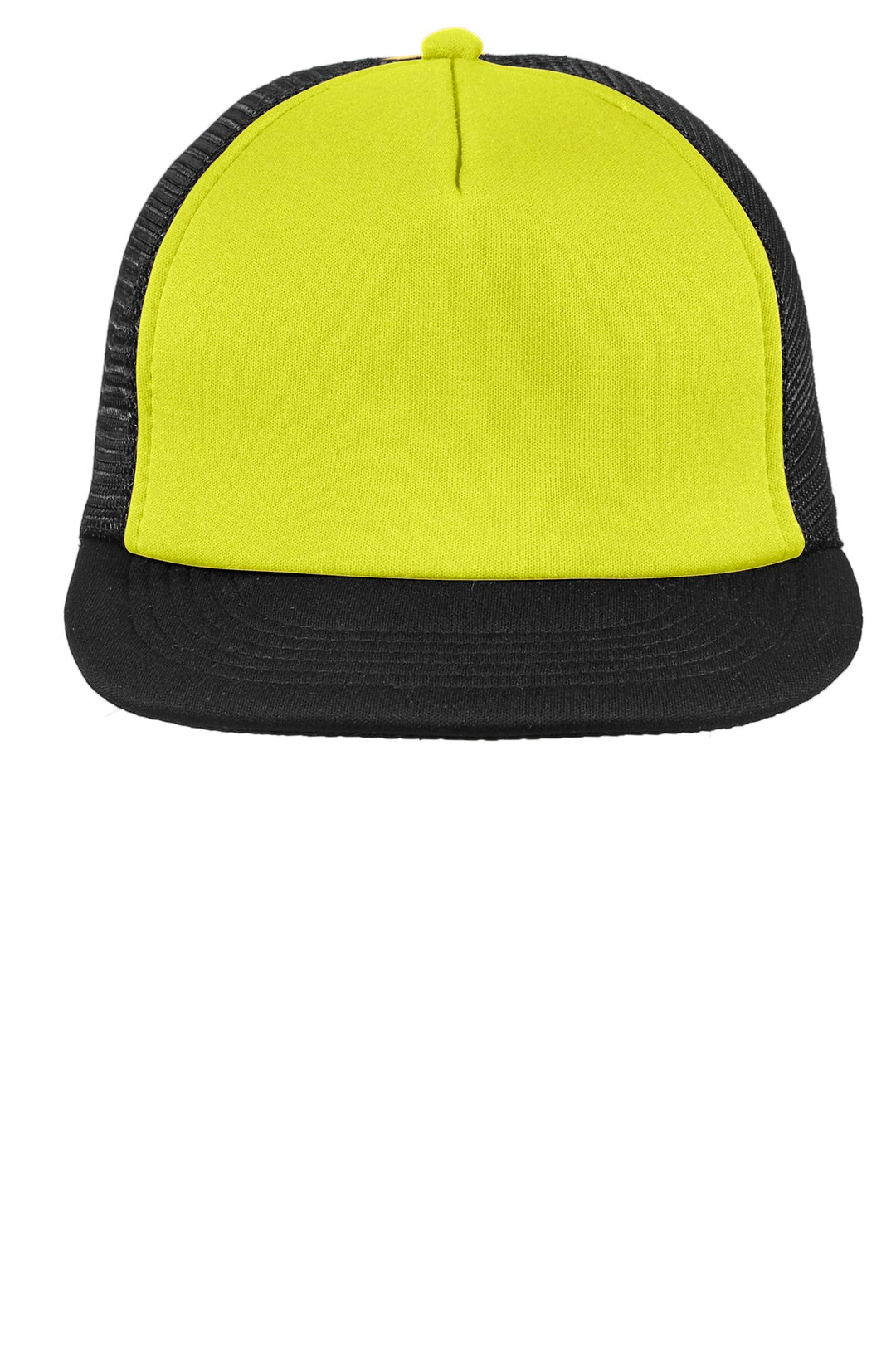 District Flat Bill Snapback Trucker Cap. DT624 — Neon Yellow — front