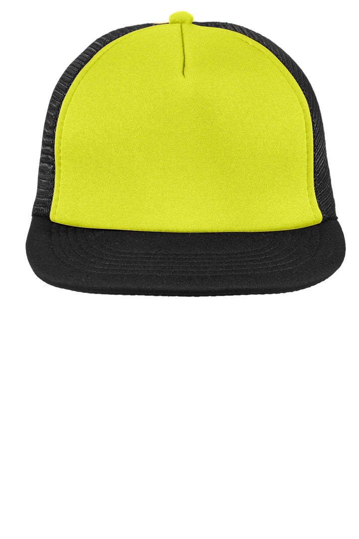 District Flat Bill Snapback Trucker Cap. DT624 — Neon Yellow — front