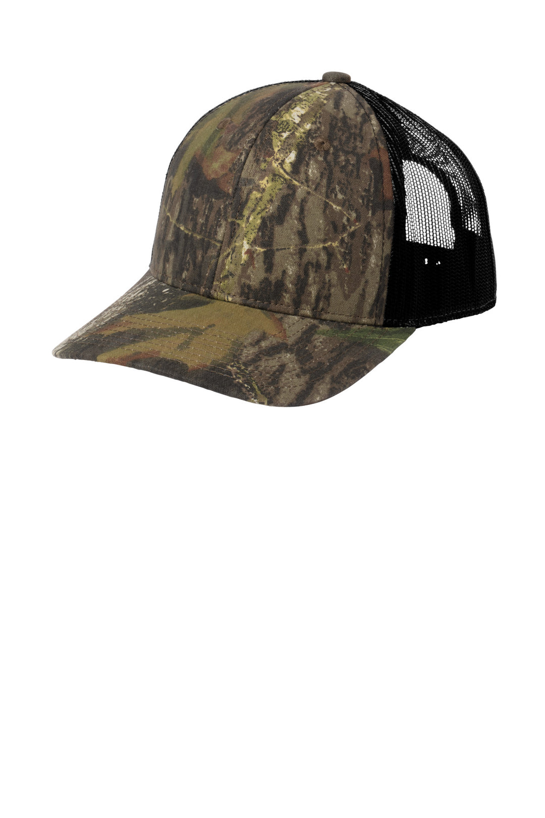 Russell Outdoors Camo Snapback Trucker Cap RU900 — Mossy Oak New Break Up/ Deep Black — front