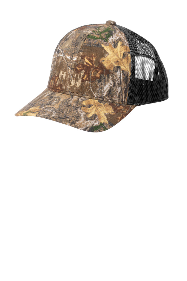 Russell Outdoors Camo Snapback Trucker Cap RU900 — Realtree Edge/ Deep Black — front