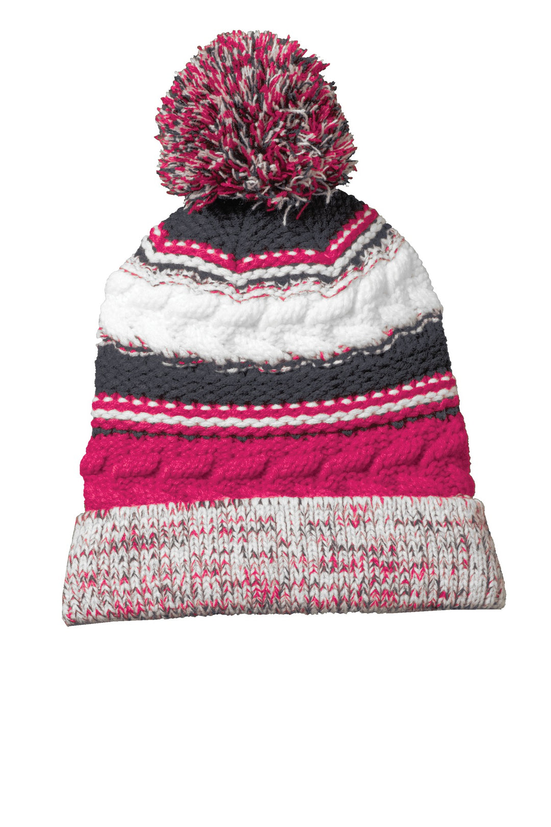 Sport-Tek Pom Pom Team Beanie. STC21 — Pink Raspberry/ Iron Grey/ White — front
