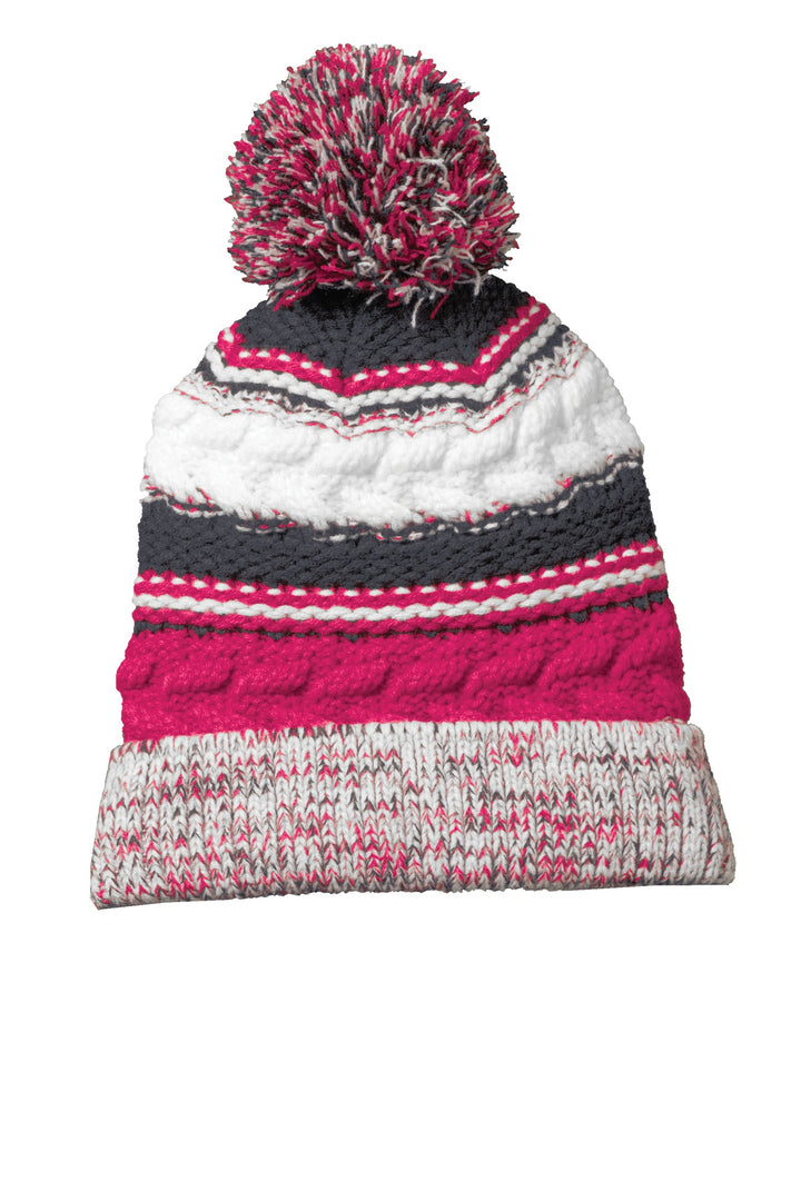 Sport-Tek Pom Pom Team Beanie. STC21 — Pink Raspberry/ Iron Grey/ White — front
