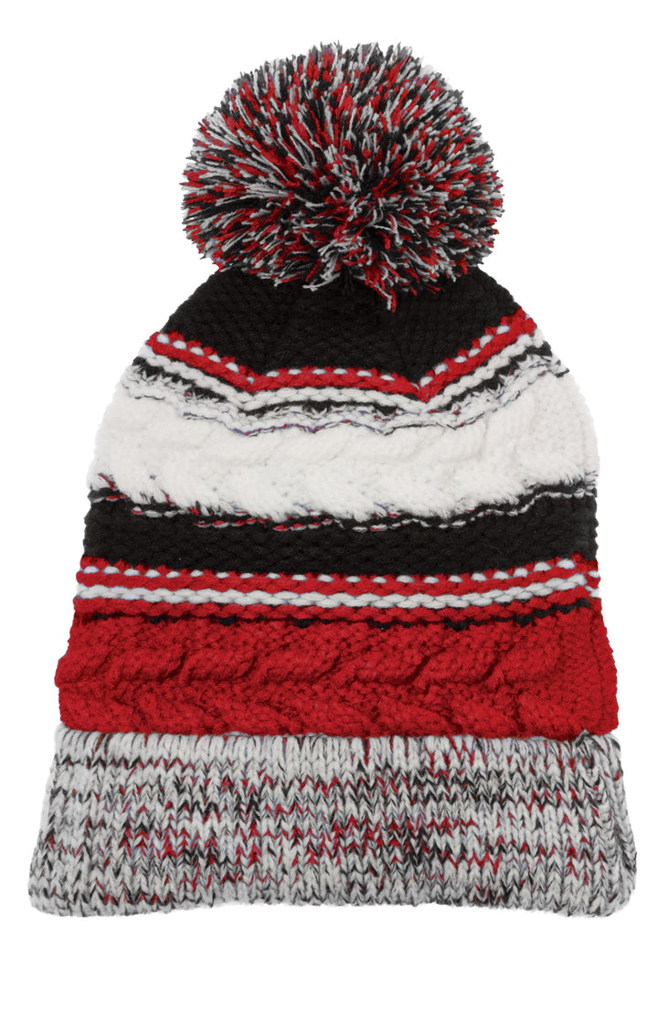 Sport-Tek Pom Pom Team Beanie. STC21 — True Red/ Black/ White — front