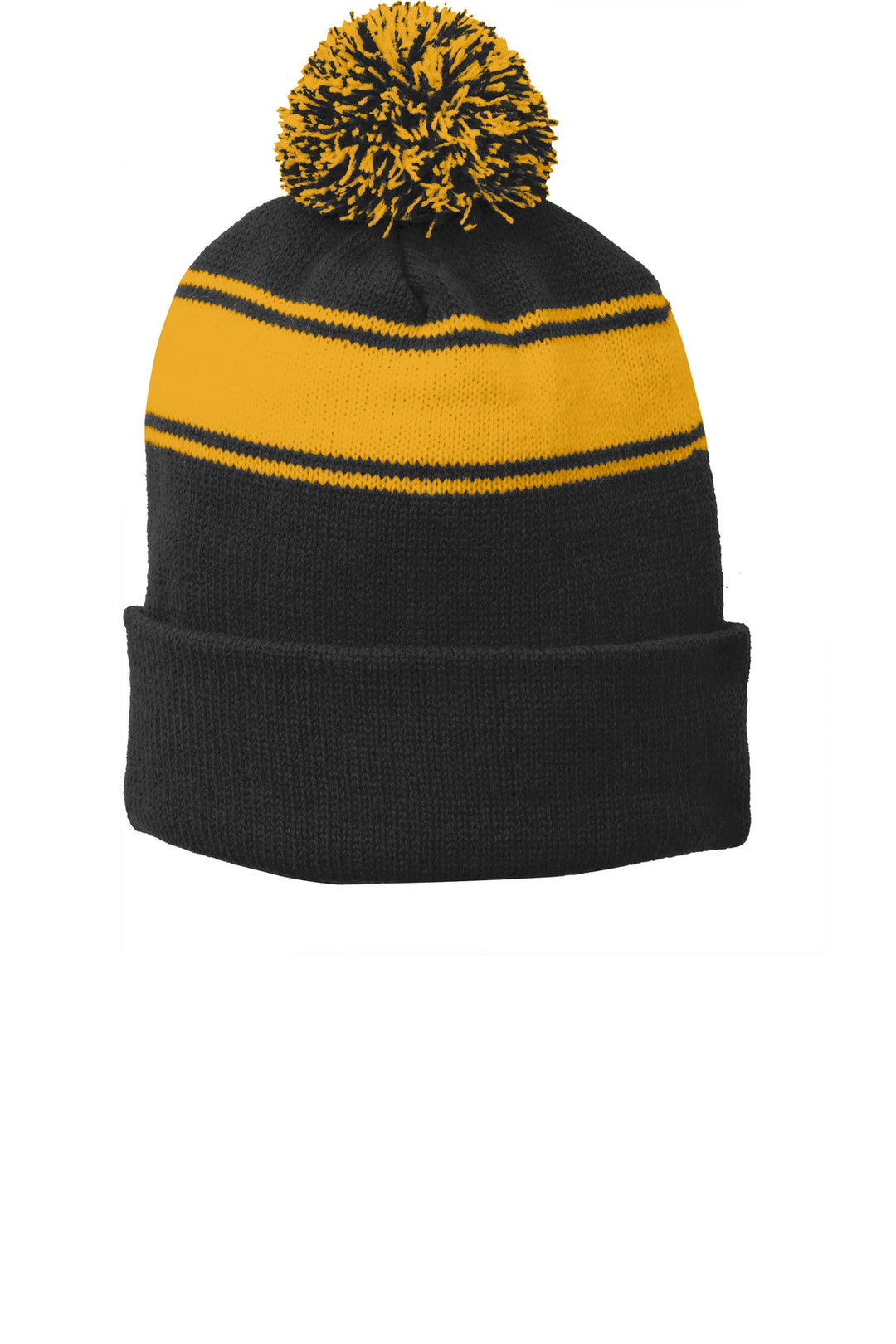 Sport-Tek Stripe Pom Pom Beanie.  STC28 — Black/ Gold — front