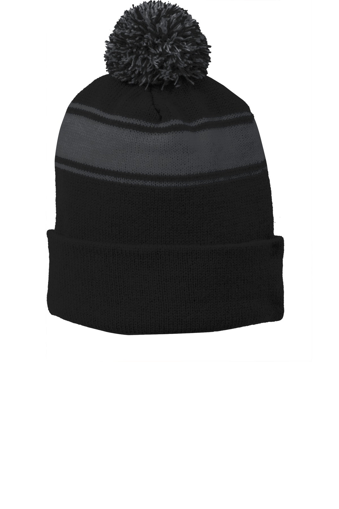 Sport-Tek Stripe Pom Pom Beanie.  STC28 — Black/ Iron Grey — front