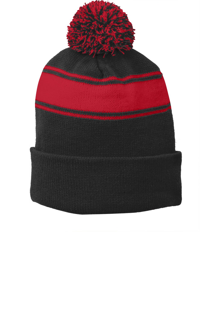 Sport-Tek Stripe Pom Pom Beanie.  STC28 — Black/ True Red — front