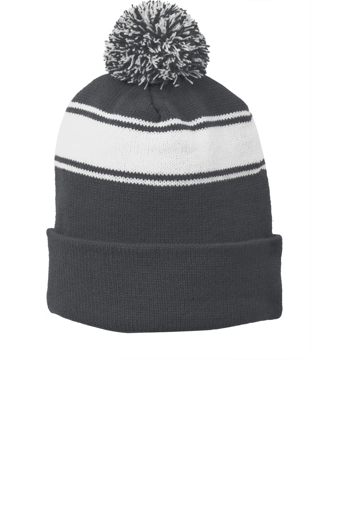 Sport-Tek Stripe Pom Pom Beanie.  STC28 — Iron Grey/ White — front