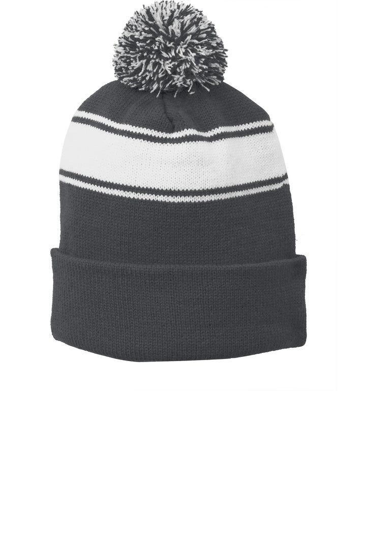 Sport-Tek Stripe Pom Pom Beanie.  STC28 — Iron Grey/ White — front
