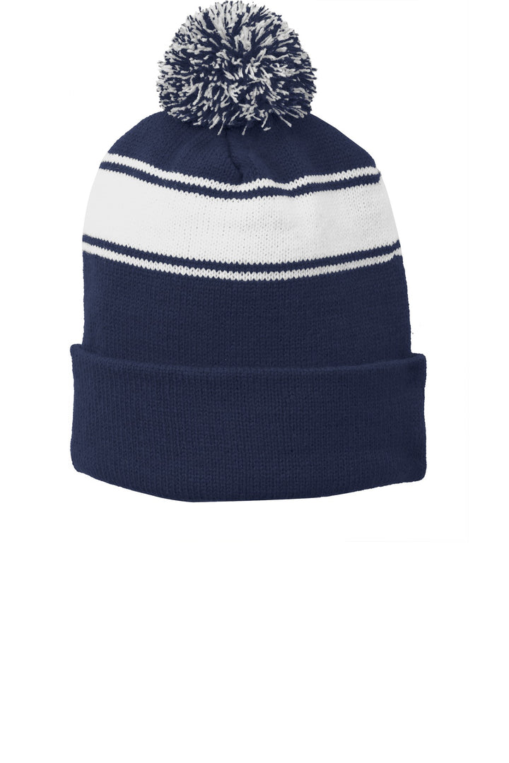 Sport-Tek Stripe Pom Pom Beanie.  STC28 — True Navy/ White — front
