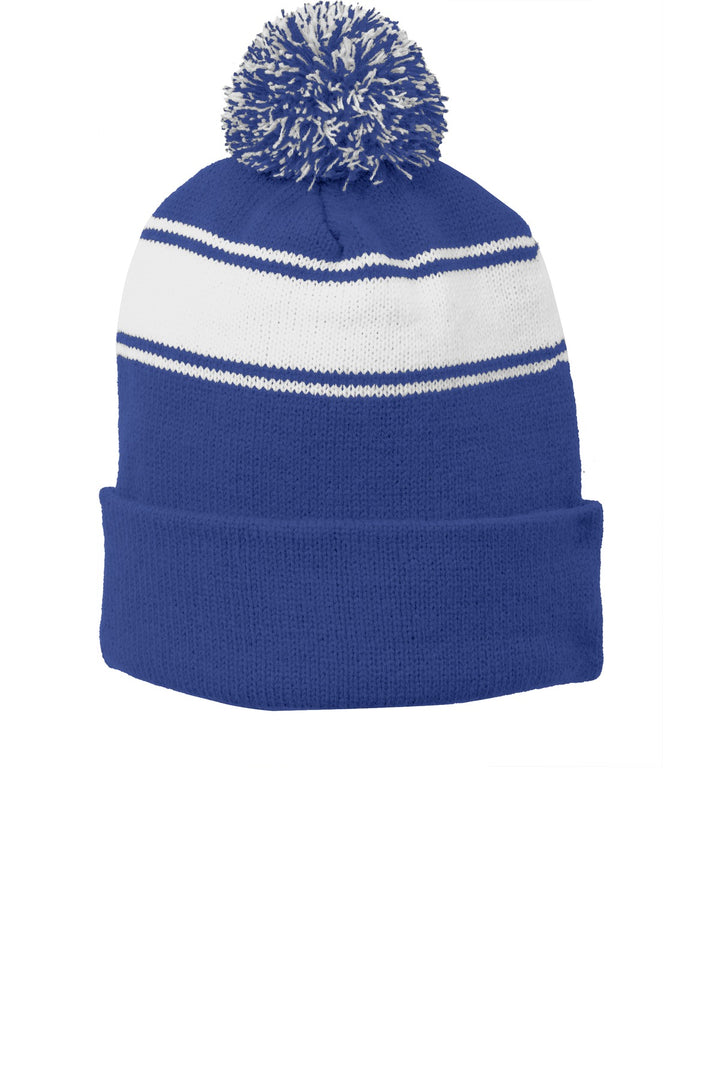 Sport-Tek Stripe Pom Pom Beanie.  STC28 — True Royal/ White — front
