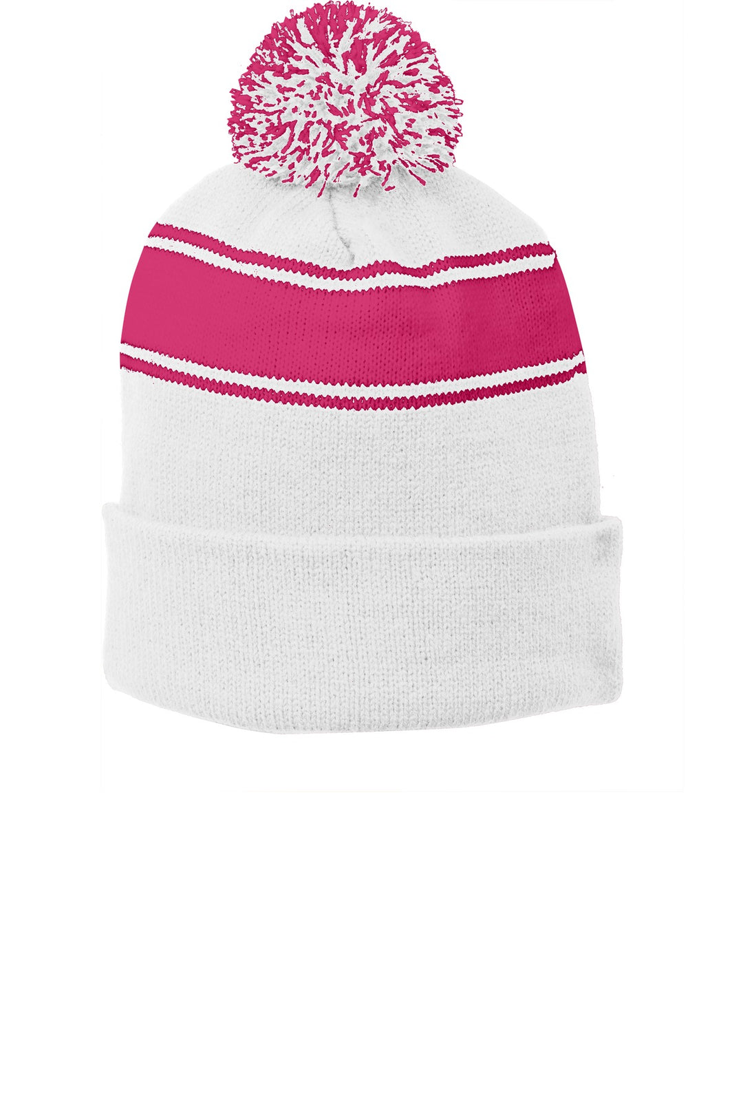 Sport-Tek Stripe Pom Pom Beanie.  STC28 — White/ Pink Raspberry — front