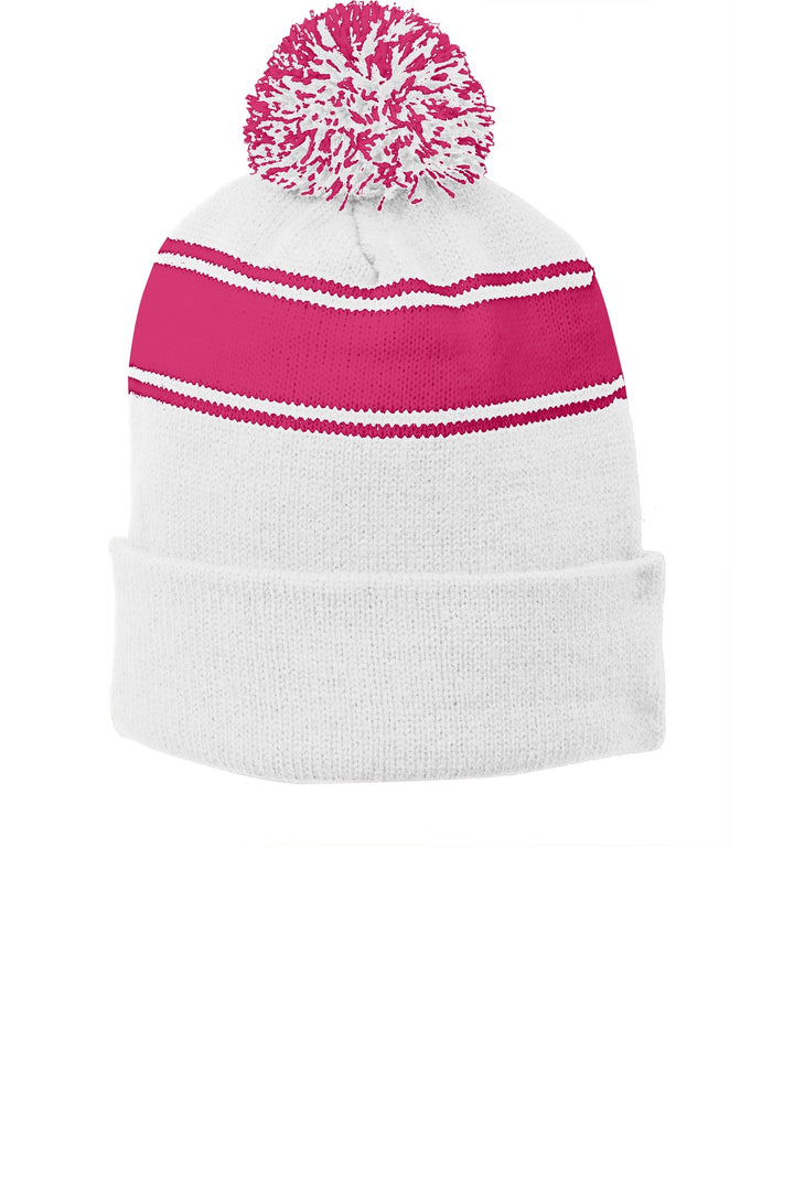Sport-Tek Stripe Pom Pom Beanie.  STC28 — White/ Pink Raspberry — front