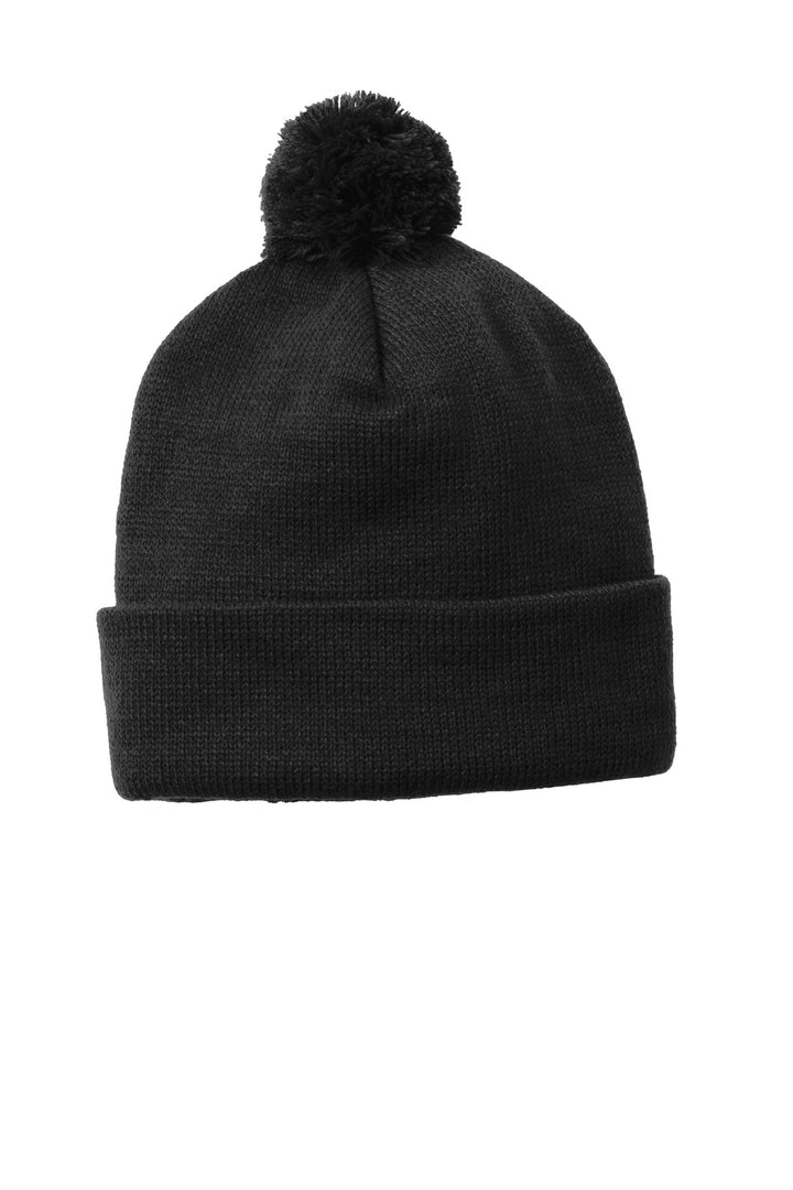 Sport-Tek  Solid Pom Pom Beanie. STC37 — Black — front