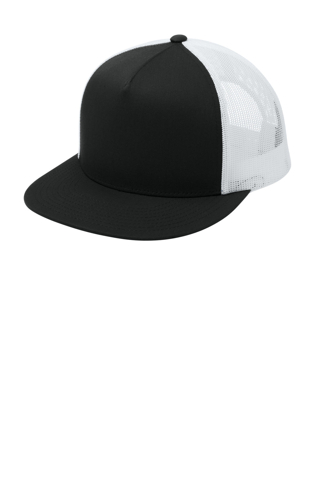 Sport-Tek YP Classics  5-Panel Classic Trucker Mesh Back Cap. STC38 — Black/ White — front