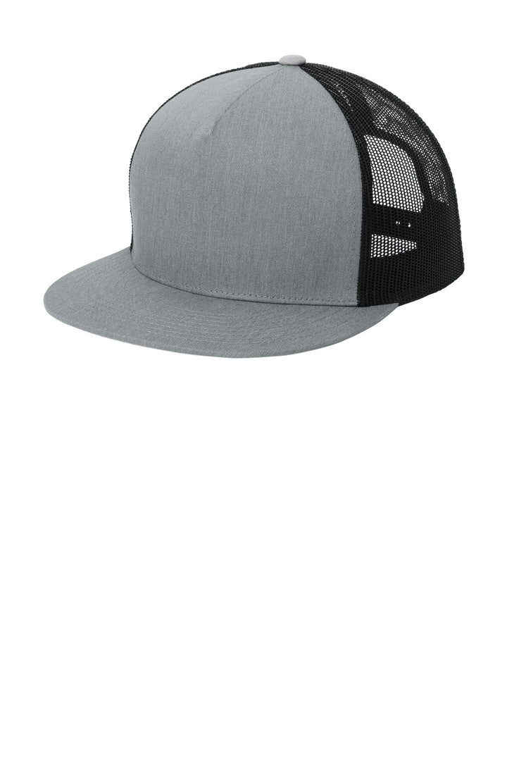 Sport-Tek YP Classics  5-Panel Classic Trucker Mesh Back Cap. STC38 — Heather Grey/ Black — front