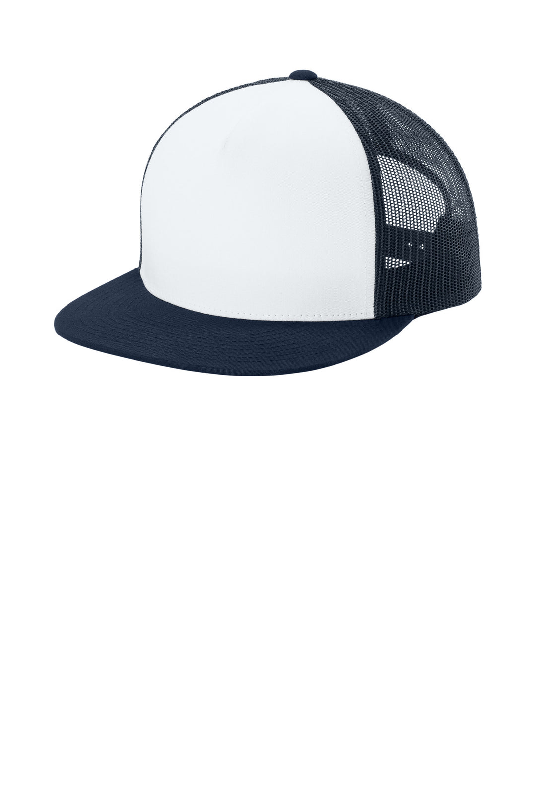 Sport-Tek YP Classics  5-Panel Classic Trucker Mesh Back Cap. STC38 — White/ True Navy/ True Navy — front