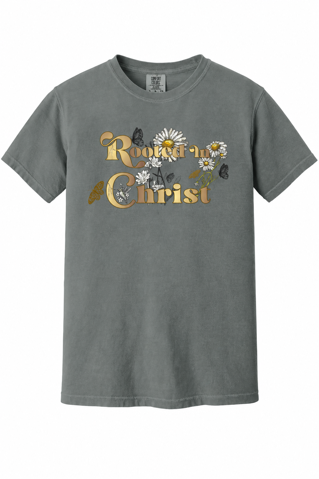 Rooted In Christ Women's Conference T Shirt mockup on Comfort Colors 1717