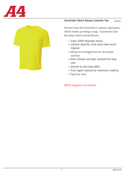 A4 N3393 SureColor Short Sleeve Cationic Tee