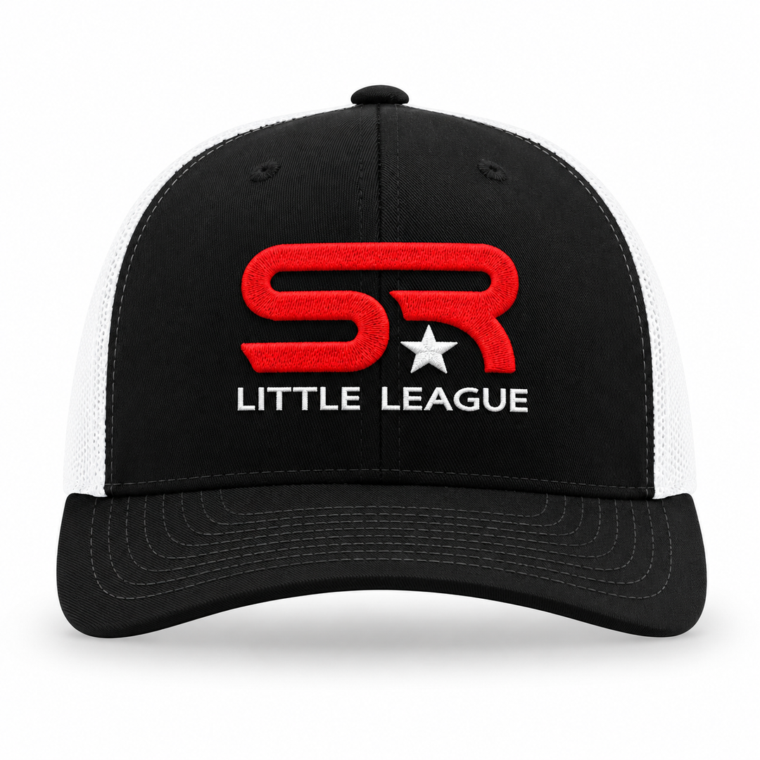 Richardson 112 black and white hat with SR Little League logo embroidery — alternate logo option