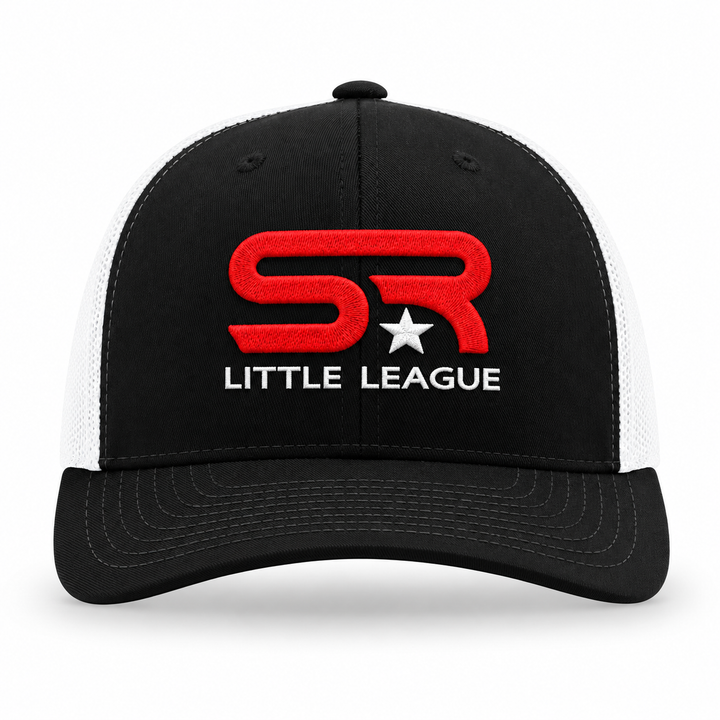 Richardson 112 black and white hat with SR Little League logo embroidery — alternate logo option