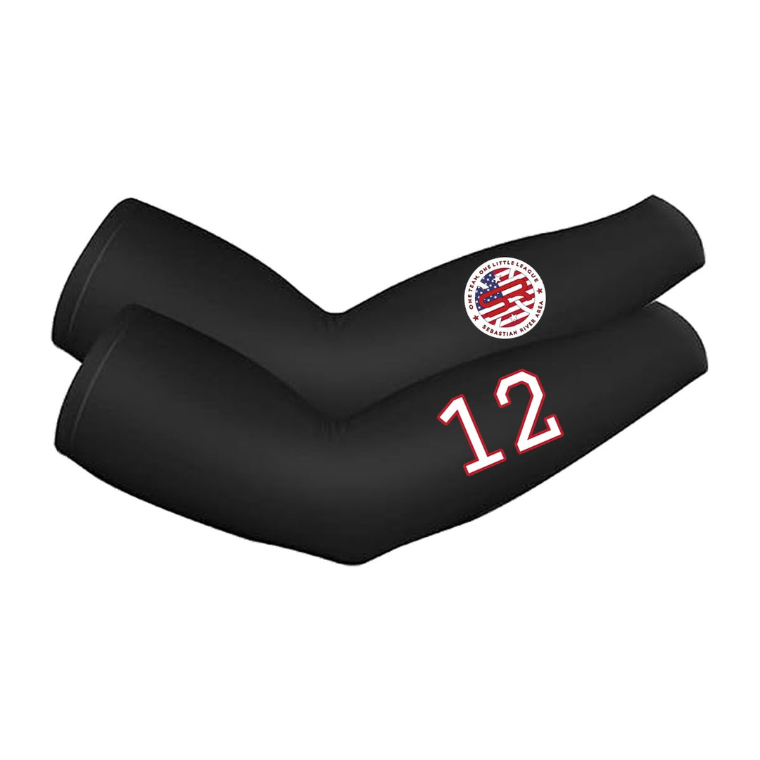SRALL cooling arm sleeves pair | Black | Circle logo on one sleeve + player number on other — number 12 is an example