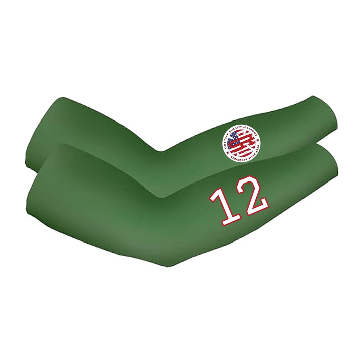 SRALL cooling arm sleeves pair | Forest Green | Circle logo on one sleeve + player number on other — number 12 is an example